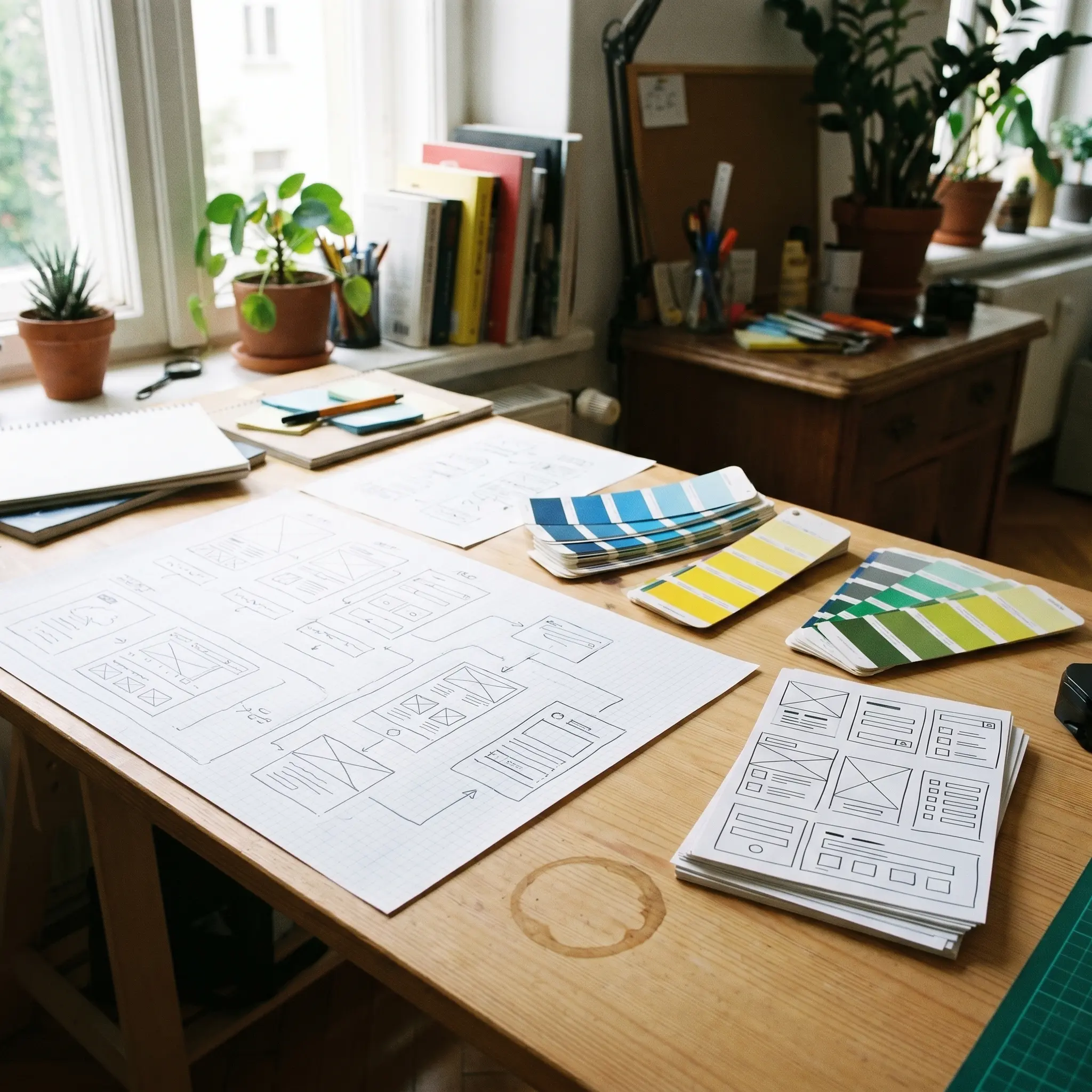 A studio wall of website sketches, index cards, and editorial annotations