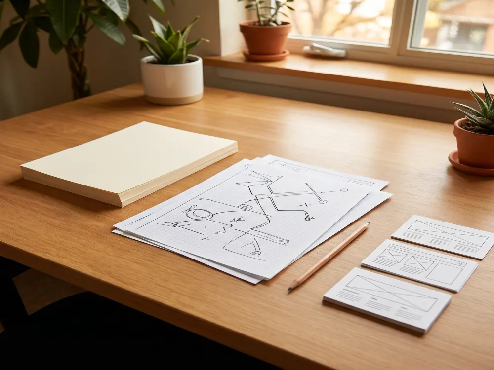 A tidy desk with intake cards, route sketches, and website notes